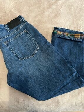 Eddie Bauer Mid-Blue Relaxed Fit Jeans with Plaid Cuff